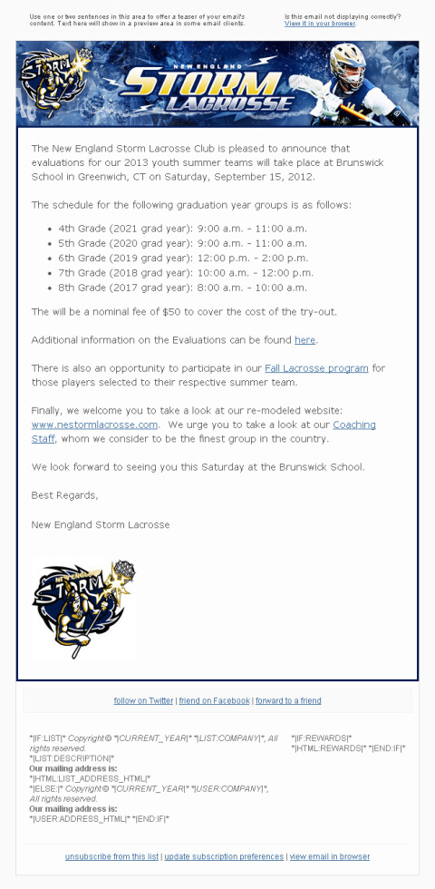 NE Storm Lacrosse HTML email template design